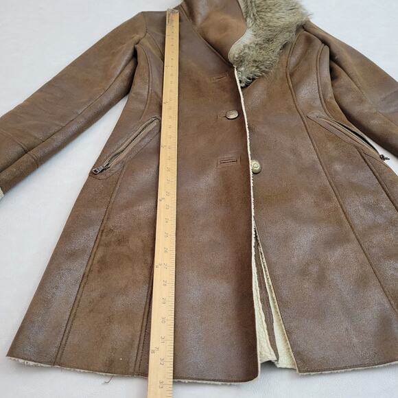 Guess Brown Faux Leather Knee Length Coat Faux Fur Collar Zip Pockets Small - Picture 9 of 13